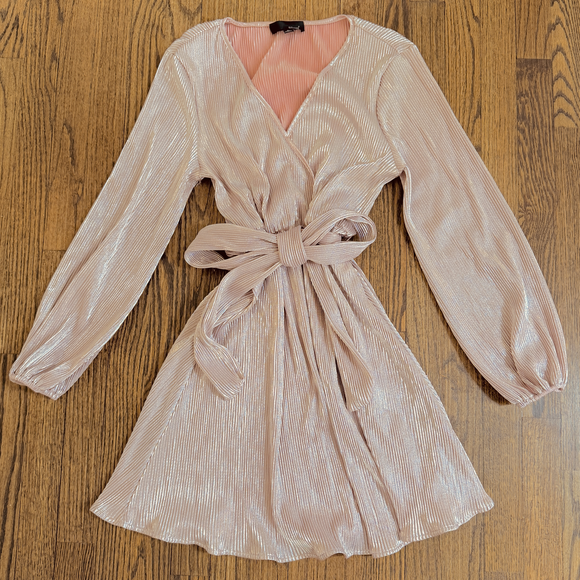 Sbetro Metallic Rose Gold Wrap pull over barrel long sleeve dress  pink art deco - Picture 2 of 7